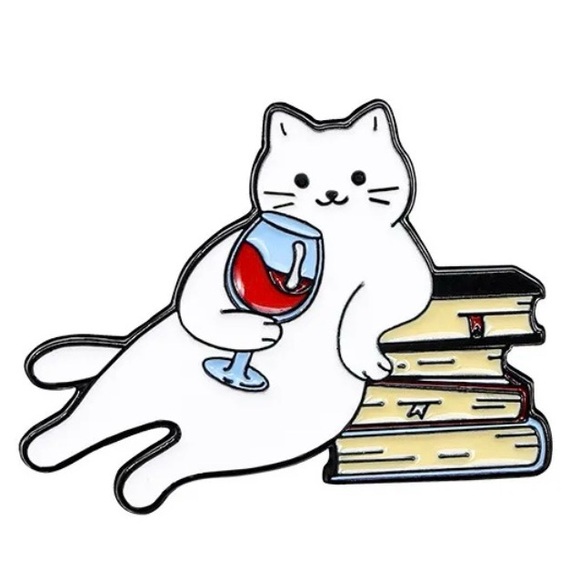 Jewelry - Cute Cat Wine Glass Enamel Pin Book Lover Cat Brooch Reading Cat Pin White Cat